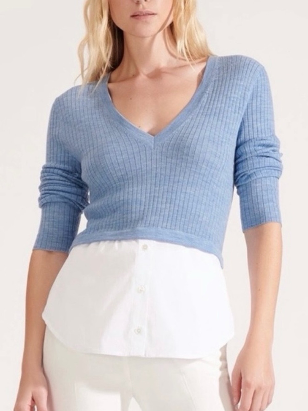 Veronica Beard Lydia Mixed Media Sweater Merino Wool Cotton V Neck Blue Size S